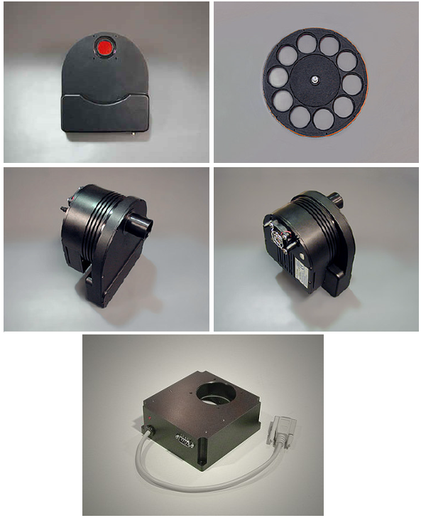 a) Vista posterior de la cámara ST-8XME, b) Rueda de filtro CFW-10, c-d) Vistas laterales de la cámara ST-8XME, e) Complemento AO-8 de óptica adaptativa. 